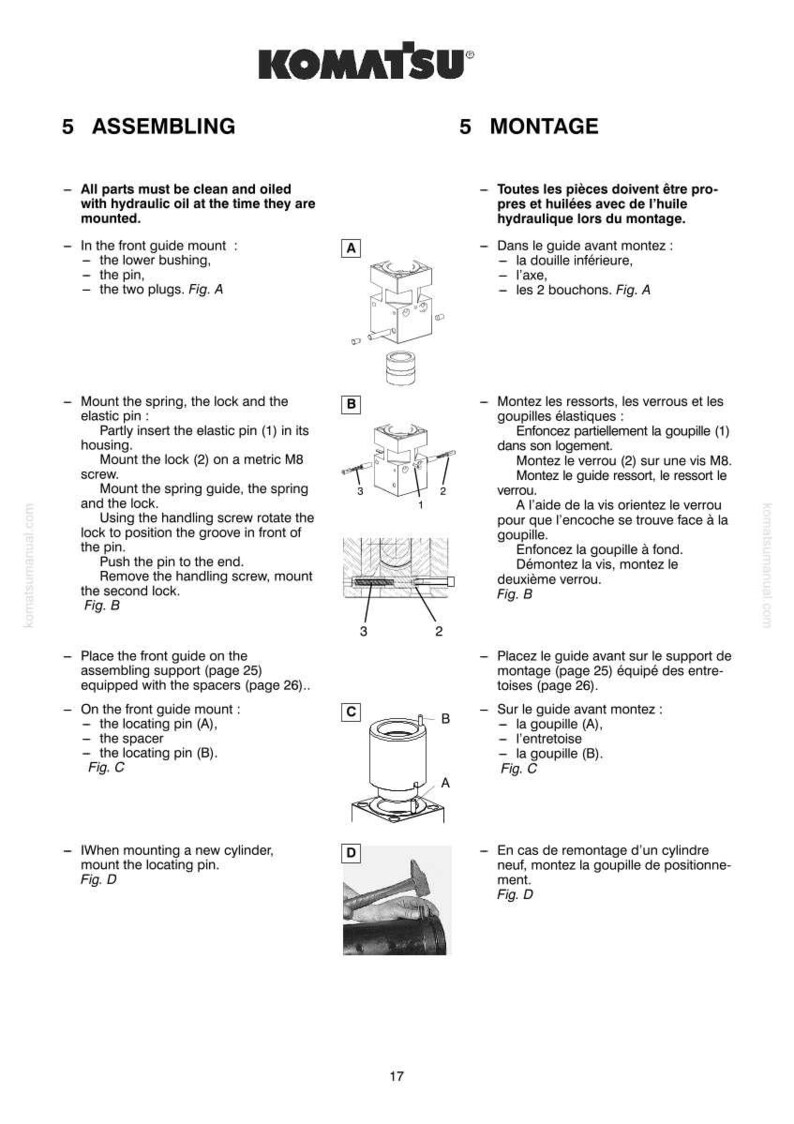 K&ouml;nnte beinhalten: Seite aus einem Komatsu-Handbuch mit Montageanleitungen und Diagrammen f&uuml;r Hydraulikteile. Der Text auf Deutsch beschreibt die Montage von Komponenten wie Stiften und Verriegelungen.
