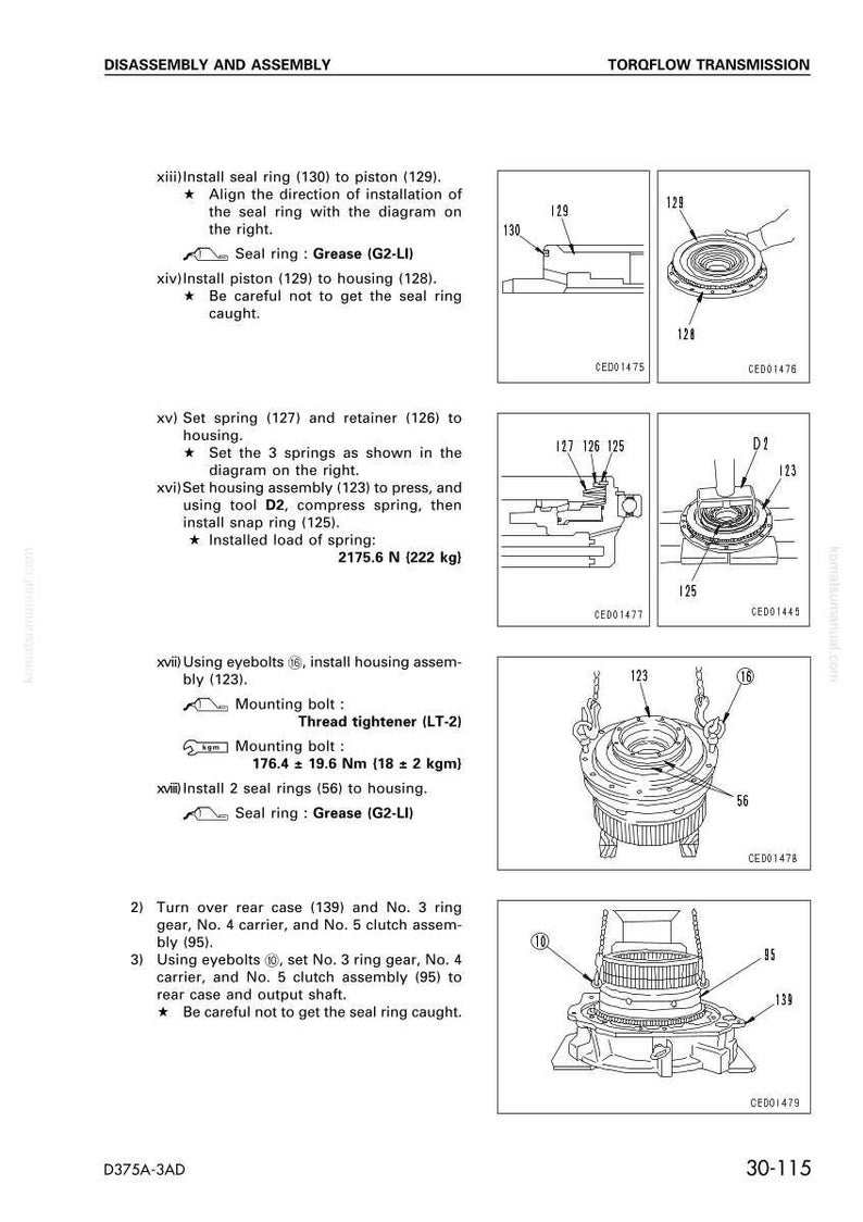 May include: Diagram of a Torqflow transmission disassembly and assembly process. Includes illustrations of parts like seal rings, pistons, springs, and housing assemblies. Measurements are in Newton-meters and kilograms.