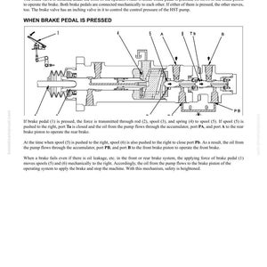 Puede incluir: Diagrama detallado de un conjunto de v&aacute;lvula de freno, con etiquetas y flechas. El diagrama incluye una descripci&oacute;n del funcionamiento de la v&aacute;lvula de freno y sus componentes. El texto incluye la frase "WHEN BRAKE PEDAL IS PRESSED."