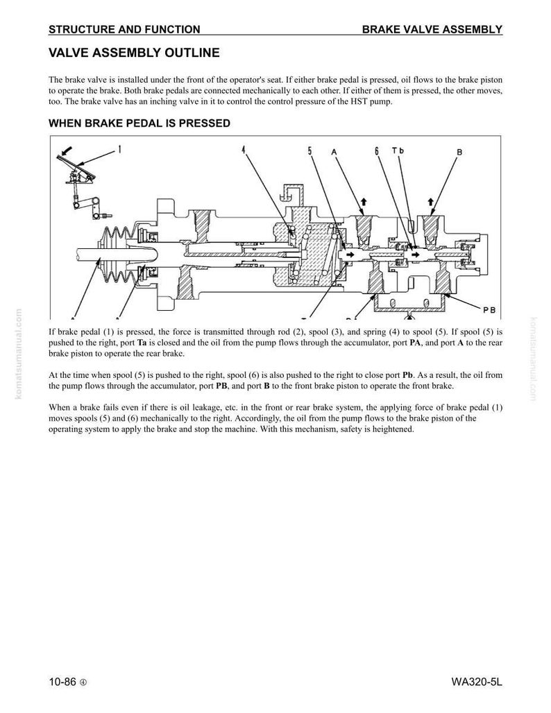 Puede incluir: Diagrama detallado de un conjunto de v&aacute;lvula de freno, con etiquetas y flechas. El diagrama incluye una descripci&oacute;n del funcionamiento de la v&aacute;lvula de freno y sus componentes. El texto incluye la frase "WHEN BRAKE PEDAL IS PRESSED."