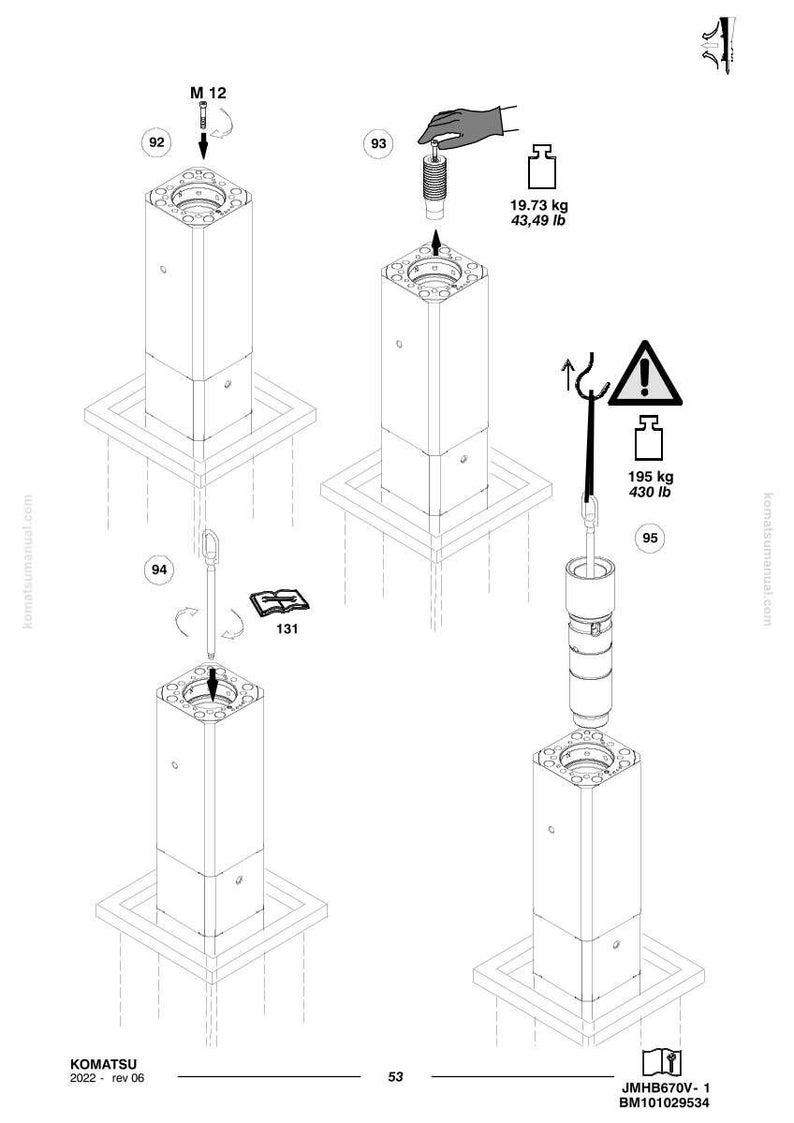 May include: An exploded diagram of industrial components, including a square column, a spring, and a cylindrical part. The diagram includes weight measurements of 43.49 lb and 430 lb. The Komatsu logo and part number are visible.