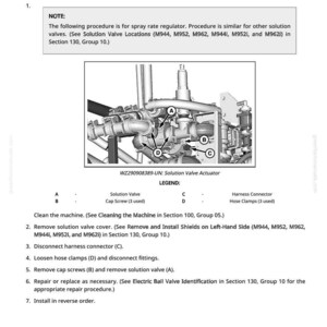 May include: Diagram of a solution valve actuator with labeled components A, B, C, and D. The image includes text instructions for removing and installing the solution valve, with references to related procedures and sections.