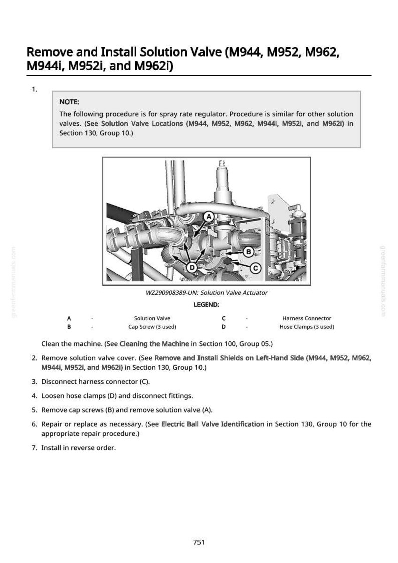 May include: Diagram of a solution valve actuator with labeled components A, B, C, and D. The image includes text instructions for removing and installing the solution valve, with references to related procedures and sections.