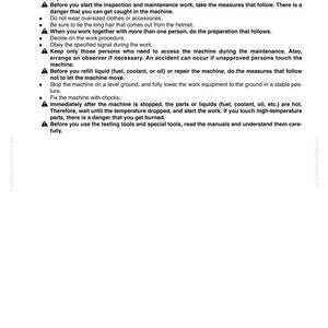 May include: A white page from a manual with the title "Precautions before work." The text includes safety instructions for machine inspection and maintenance, such as tying back long hair and avoiding oversized clothing. The document also includes the text "SEN04097-03".