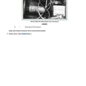 K&ouml;nnte beinhalten: Ein Bild einer elektrischen Baugruppe mit einem Radmotor-VCU-Anschluss. Das Bild enth&auml;lt den Text "MXT015208-UN: Wheel Motor VCU Connector" und Installationsanweisungen. Der Anschluss ist mit "F" gekennzeichnet.