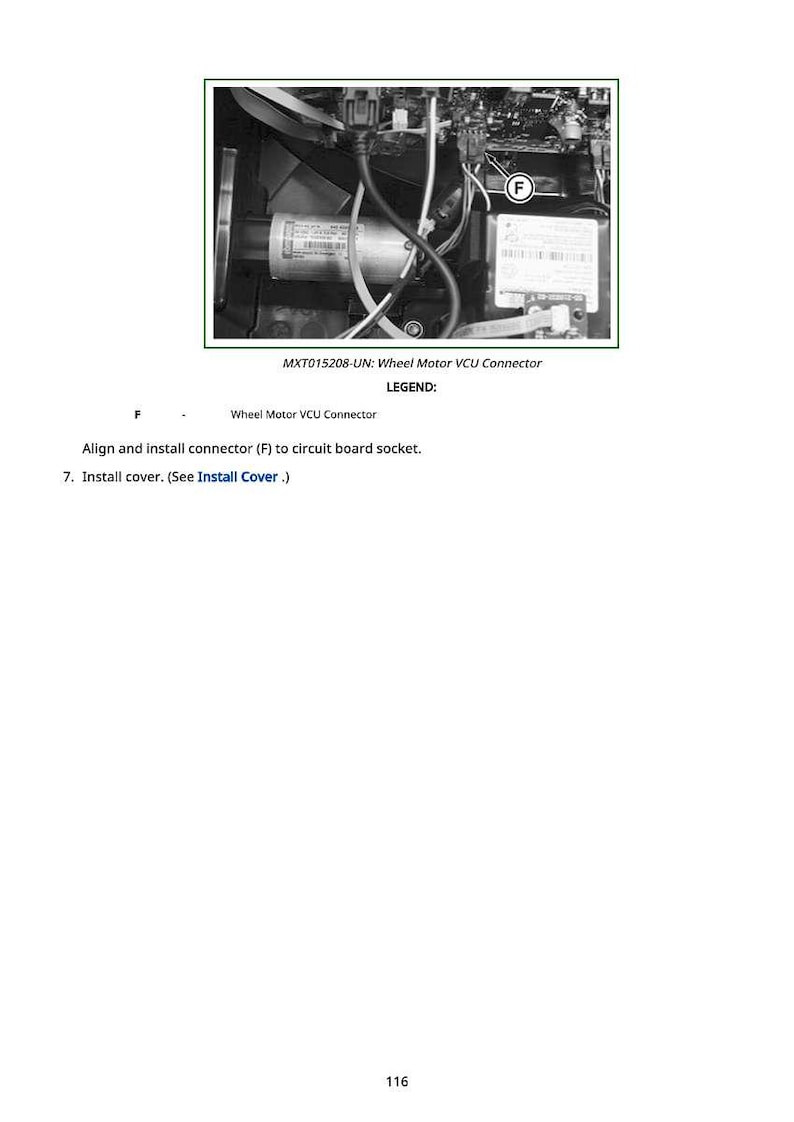 K&ouml;nnte beinhalten: Ein Bild einer elektrischen Baugruppe mit einem Radmotor-VCU-Anschluss. Das Bild enth&auml;lt den Text "MXT015208-UN: Wheel Motor VCU Connector" und Installationsanweisungen. Der Anschluss ist mit "F" gekennzeichnet.