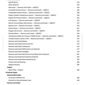 May include: A detailed table of contents from a manual, listing automotive repair procedures. Includes sections on removing and installing various components like sensors, motors, and the battery. The page number is visible at the right side of the page.