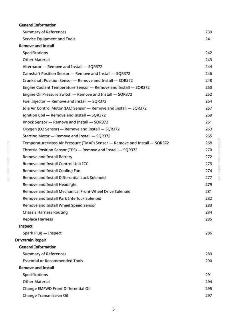 May include: A detailed table of contents from a manual, listing automotive repair procedures. Includes sections on removing and installing various components like sensors, motors, and the battery. The page number is visible at the right side of the page.