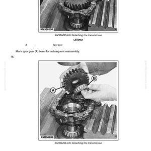 May include: Black and white image of mechanical components, including a spur gear and bearings, with labels A and B. Text indicates detaching the transmission. The image is from a manual.