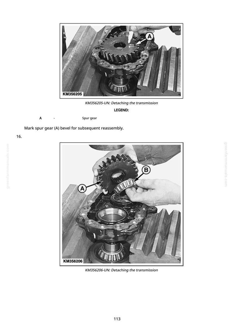 May include: Black and white image of mechanical components, including a spur gear and bearings, with labels A and B. Text indicates detaching the transmission. The image is from a manual.