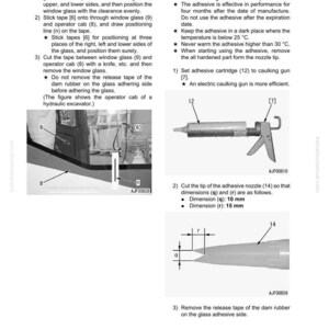 May include: Diagram of cab glass installation, including adhesive application. Instructions detail positioning window glass, applying tape, and cutting the tape. Includes measurements: dimension (q) is 10 mm, dimension (r) is 15 mm.