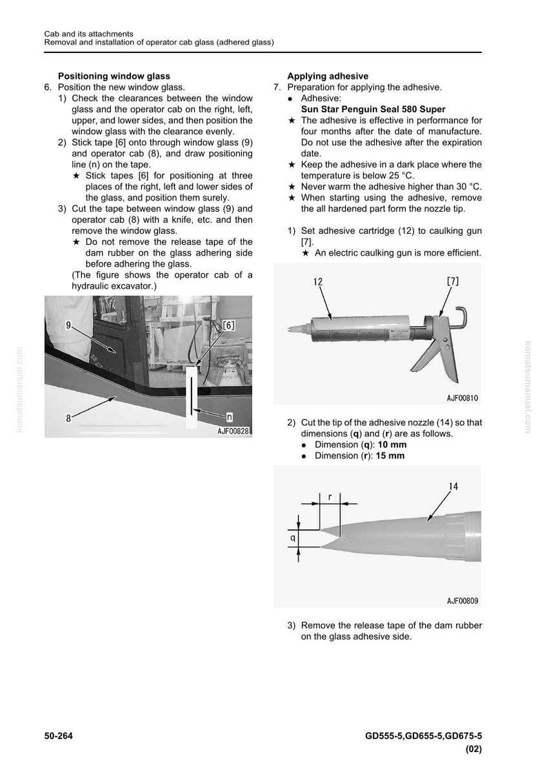 May include: Diagram of cab glass installation, including adhesive application. Instructions detail positioning window glass, applying tape, and cutting the tape. Includes measurements: dimension (q) is 10 mm, dimension (r) is 15 mm.