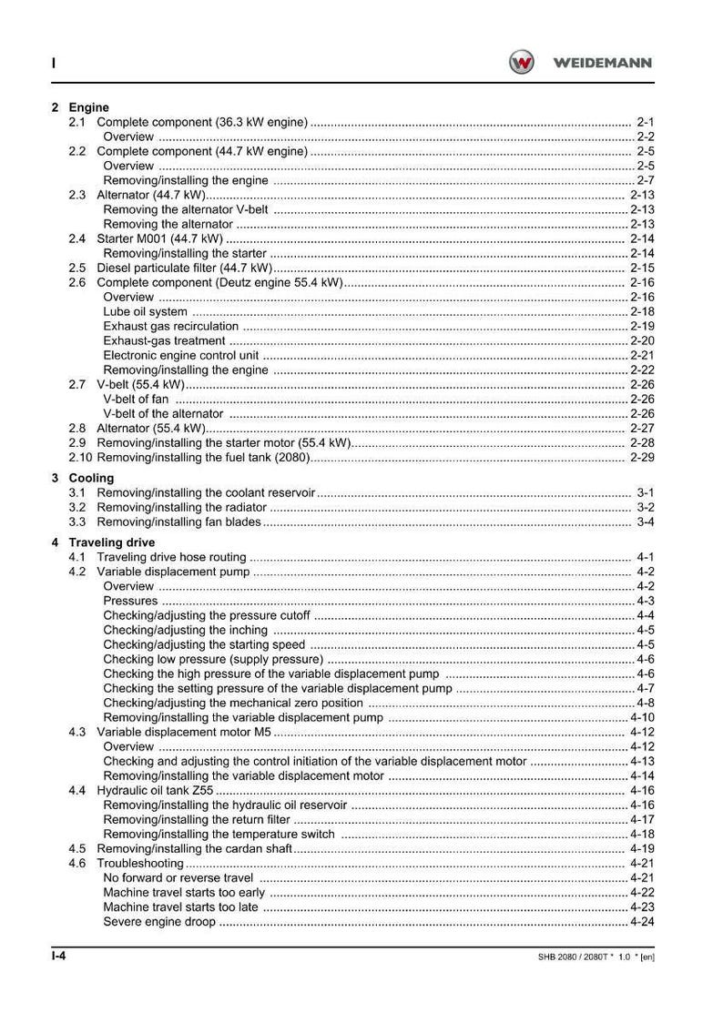 K&ouml;nnte beinhalten: Eine Seite aus einem technischen Handbuch mit dem Logo "WEIDEMANN" oben. Die Seite listet Motorkomponenten, K&uuml;hlsysteme und Fahrantriebsverfahren auf. Enth&auml;lt Abschnitte zu "Motor", "K&uuml;hlung" und "Fehlersuche".