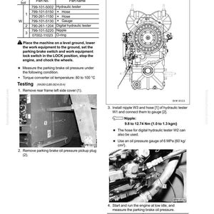 May include: Diagram of a brake system testing procedure, including a hydraulic tester, hose, and gauge. The image includes text instructions and measurements in both imperial and metric units, with a focus on oil pressure.