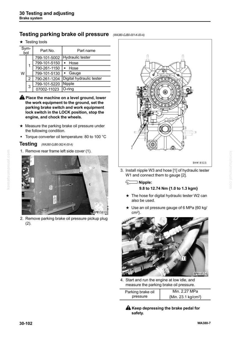 May include: Diagram of a brake system testing procedure, including a hydraulic tester, hose, and gauge. The image includes text instructions and measurements in both imperial and metric units, with a focus on oil pressure.