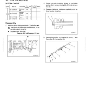 Op de afbeelding: Diagram van demontage en montage van een terugslagveerassemblage, inclusief speciaal gereedschap en stappen. Bevat illustraties van componenten, onderdeelnummers en instructies. De ge&iuml;nstalleerde belasting is ongeveer 51 ton.