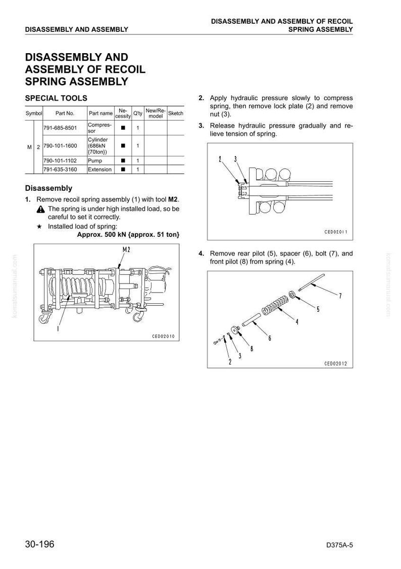 Op de afbeelding: Diagram van demontage en montage van een terugslagveerassemblage, inclusief speciaal gereedschap en stappen. Bevat illustraties van componenten, onderdeelnummers en instructies. De ge&iuml;nstalleerde belasting is ongeveer 51 ton.