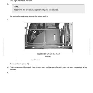 K&ouml;nnte beinhalten: Bild aus einem Handbuch mit Anweisungen zum Aus- und Einbau eines Hydraulikbeh&auml;lters. Das Bild enth&auml;lt eine Abbildung der linken Kabinenverkleidung mit Textanweisungen und einen Hinweis auf erforderliche Ersatzteile.