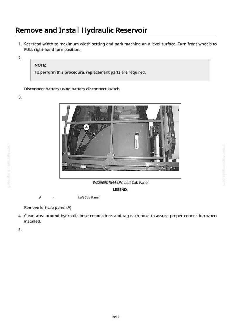 K&ouml;nnte beinhalten: Bild aus einem Handbuch mit Anweisungen zum Aus- und Einbau eines Hydraulikbeh&auml;lters. Das Bild enth&auml;lt eine Abbildung der linken Kabinenverkleidung mit Textanweisungen und einen Hinweis auf erforderliche Ersatzteile.