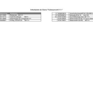 Puede incluir: Una p&aacute;gina blanca con una tabla titulada "Artikeltabelle der Ebene 'Fu&szlig;steuerventil 11-1'". La tabla contiene n&uacute;meros de art&iacute;culo, nombres de art&iacute;culo y otros detalles t&eacute;cnicos. El n&uacute;mero de p&aacute;gina "7/189" est&aacute; en la esquina inferior derecha.