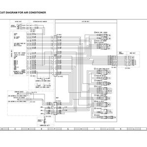 May include: An electrical circuit diagram for an air conditioner, with text at the top. The diagram features numerous interconnected components, lines, and labels, all in black and white. The diagram is labeled with letters and numbers.