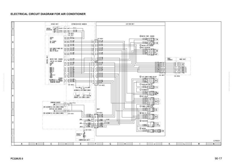 May include: An electrical circuit diagram for an air conditioner, with text at the top. The diagram features numerous interconnected components, lines, and labels, all in black and white. The diagram is labeled with letters and numbers.