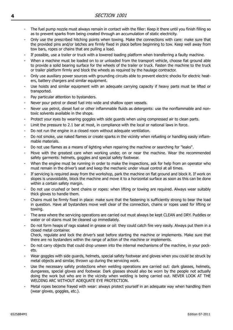 K&ouml;nnte beinhalten: Eine Seite aus einem Handbuch mit der &Uuml;berschrift &bdquo;SECTION 1001&ldquo; mit Sicherheitshinweisen. Der Text ist schwarz auf wei&szlig; und beschreibt sichere Verfahren f&uuml;r Maschinen. Es umfasst den Umgang mit Kraftstoff, Augenschutz und allgemeine Sicherheitsma&szlig;nahmen.