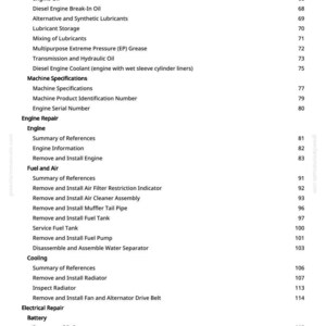 May include: A page from a manual with a table of contents. The headings include Fuel and Lubricants, Machine Specifications, Engine Repair, Fuel and Air, Cooling, Electrical Repair, and Wiring Harnesses.