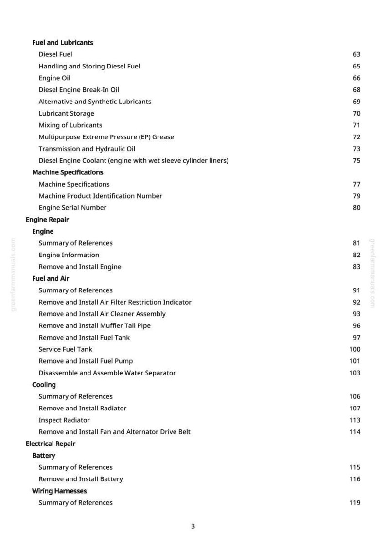 May include: A page from a manual with a table of contents. The headings include Fuel and Lubricants, Machine Specifications, Engine Repair, Fuel and Air, Cooling, Electrical Repair, and Wiring Harnesses.