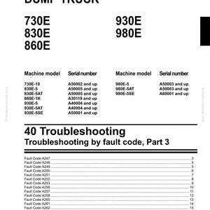 Puede incluir: Un manual de taller para camiones volquete, con los n&uacute;meros de modelo 730E, 830E, 860E, 930E y 980E. El manual incluye informaci&oacute;n de soluci&oacute;n de problemas por c&oacute;digo de fallo, con una tabla de contenidos y n&uacute;meros de serie. El logotipo de Komatsu est&aacute; en la parte inferior.