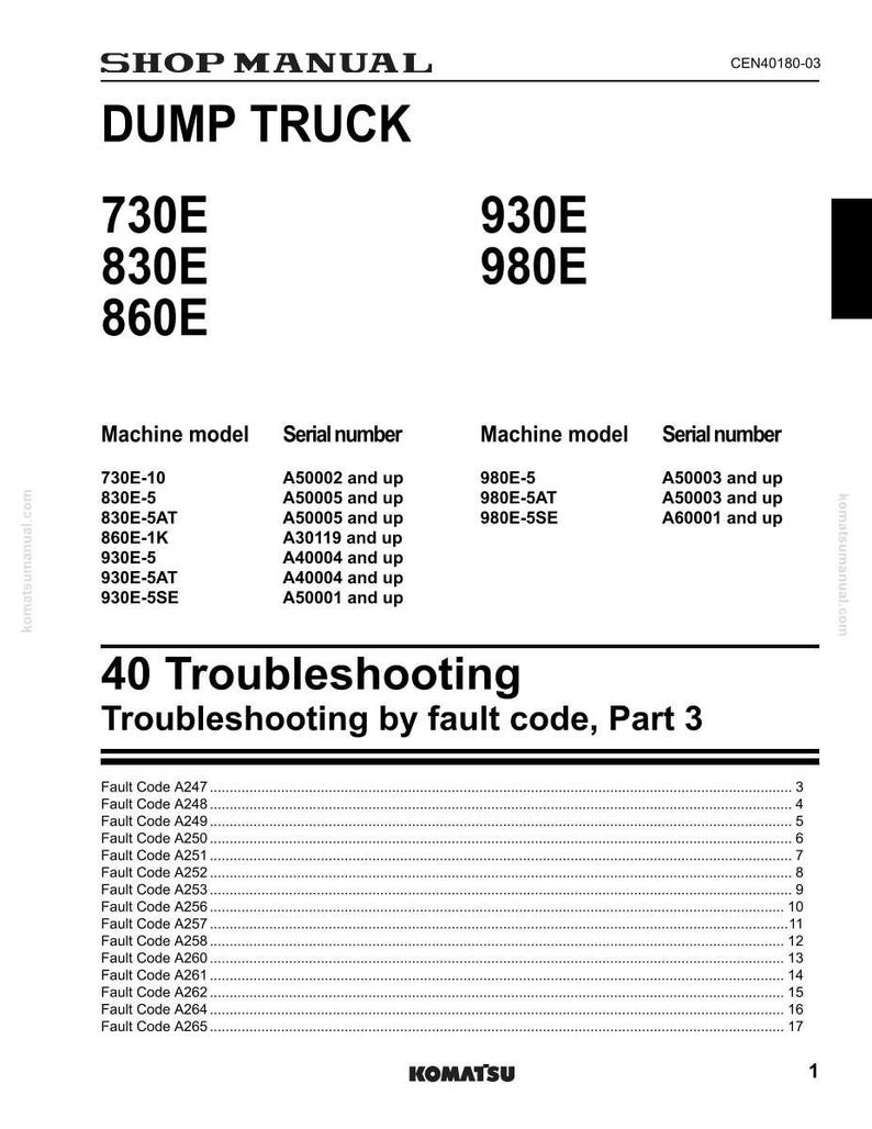 Puede incluir: Un manual de taller para camiones volquete, con los n&uacute;meros de modelo 730E, 830E, 860E, 930E y 980E. El manual incluye informaci&oacute;n de soluci&oacute;n de problemas por c&oacute;digo de fallo, con una tabla de contenidos y n&uacute;meros de serie. El logotipo de Komatsu est&aacute; en la parte inferior.