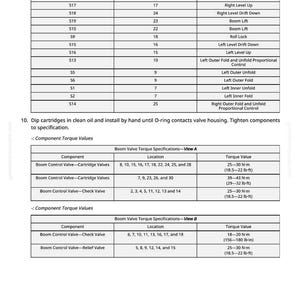 May include: A detailed technical diagram with a table of specifications for boom valve components. The table includes component names, locations, and torque values in both N-m and lb-ft, essential for mechanical maintenance and repair.