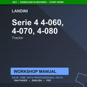 Puede incluir: Manual de taller digital para tractores Landini Serie 4, modelos 4-060, 4-070 y 4-080. La portada presenta el texto "Serie 4" en letras blancas grandes, con la palabra "Tractor" debajo. El manual incluye 1944 p&aacute;ginas de datos profesionales.