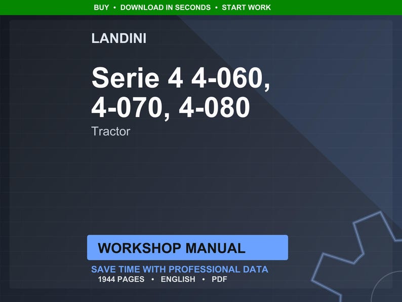 Puede incluir: Manual de taller digital para tractores Landini Serie 4, modelos 4-060, 4-070 y 4-080. La portada presenta el texto "Serie 4" en letras blancas grandes, con la palabra "Tractor" debajo. El manual incluye 1944 p&aacute;ginas de datos profesionales.