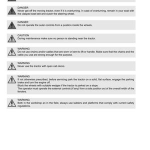 May include: Safety guidelines document for Argo Tractors, featuring warnings and cautions. Includes text about tractor operation, maintenance, and safety regulations. The document has a white background with black text and warning symbols.