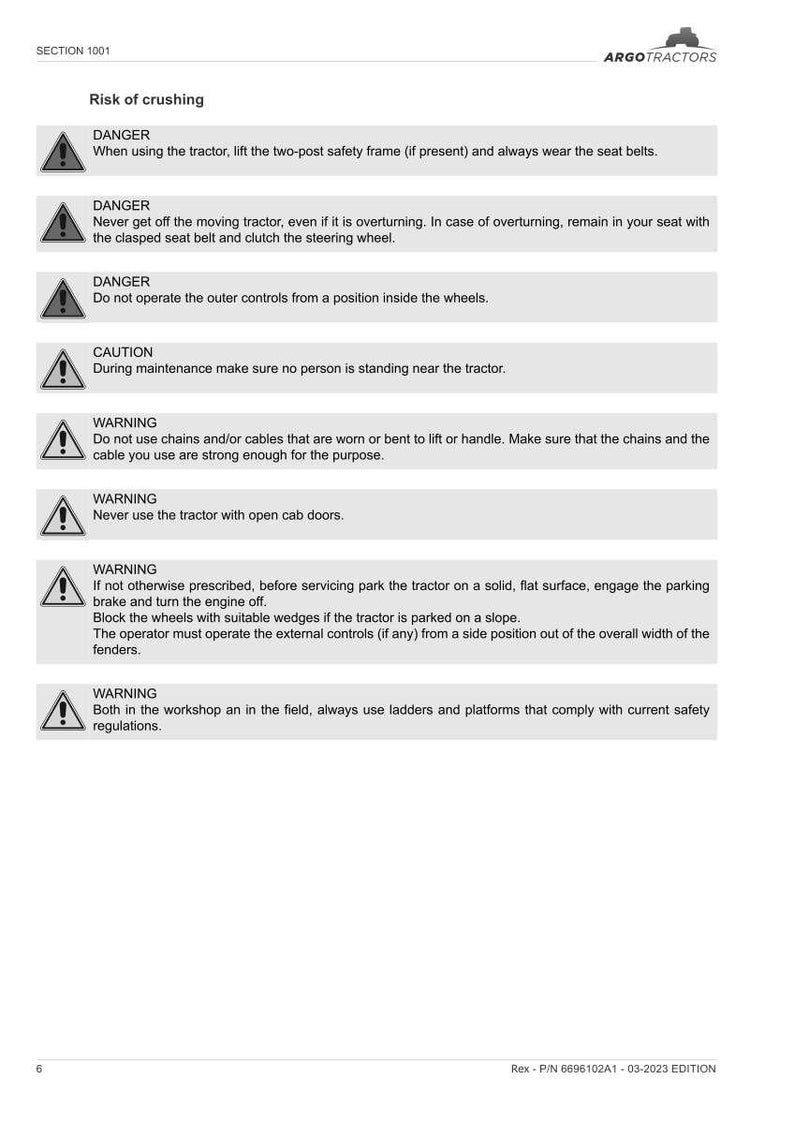 May include: Safety guidelines document for Argo Tractors, featuring warnings and cautions. Includes text about tractor operation, maintenance, and safety regulations. The document has a white background with black text and warning symbols.