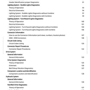 May include: A white page from a manual with a table of contents. The text includes "Header Identification Jumper Diagnostics", "Lighting System", "Connector Information", and "Drive System Diagnostics". The Deere & Company trademark is visible.