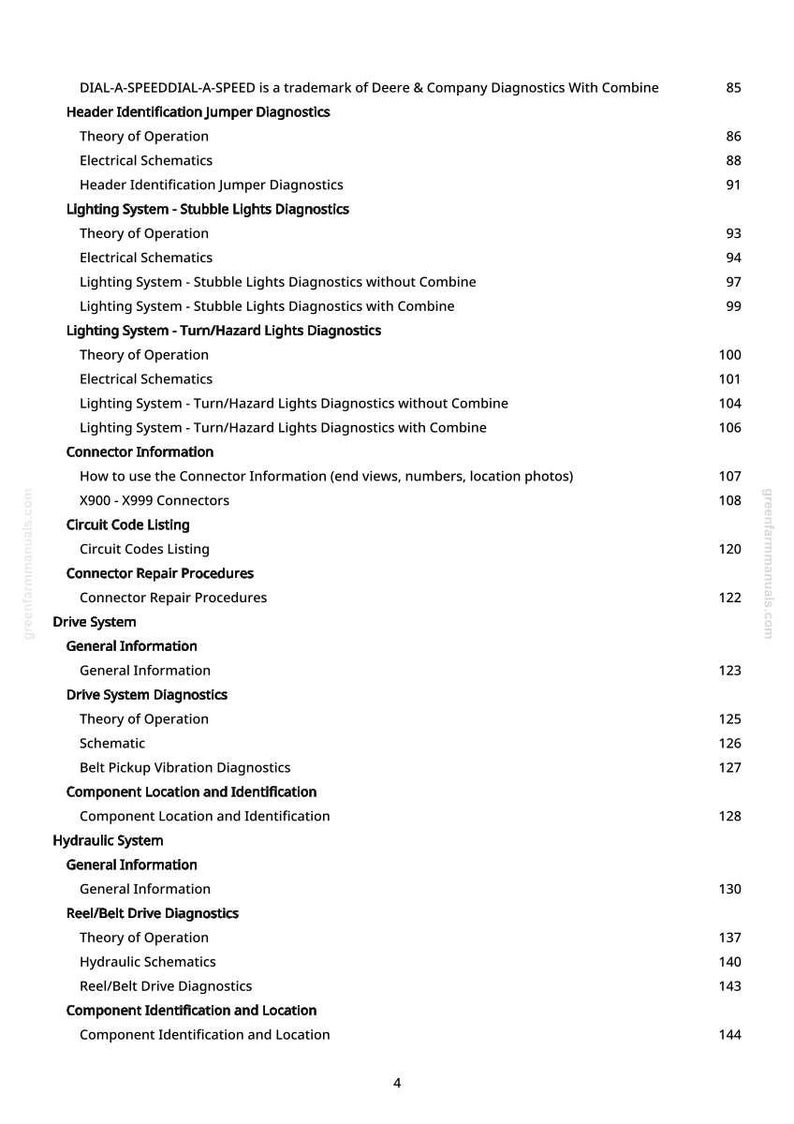 May include: A white page from a manual with a table of contents. The text includes "Header Identification Jumper Diagnostics", "Lighting System", "Connector Information", and "Drive System Diagnostics". The Deere & Company trademark is visible.