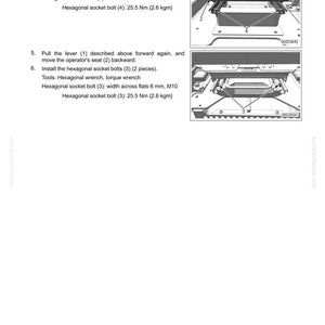 May include: Diagram from a manual showing the removal and installation of an operator seat. The image includes instructions for installing hexagonal socket bolts and using a hexagonal wrench. The text includes measurements in Nm and kgm.