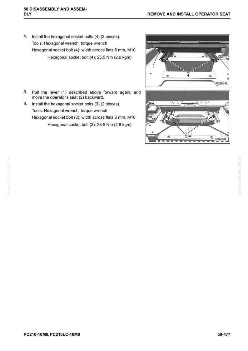 May include: Diagram from a manual showing the removal and installation of an operator seat. The image includes instructions for installing hexagonal socket bolts and using a hexagonal wrench. The text includes measurements in Nm and kgm.