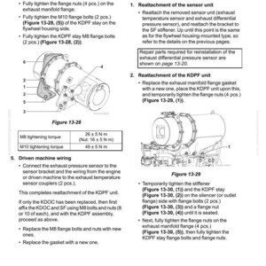 May include: Diagram of an electronic control system with instructions for removing and reattaching the KDPF. Includes diagrams of parts with labels and torque specifications. Text includes instructions for reattaching the sensor unit and KDPF unit.