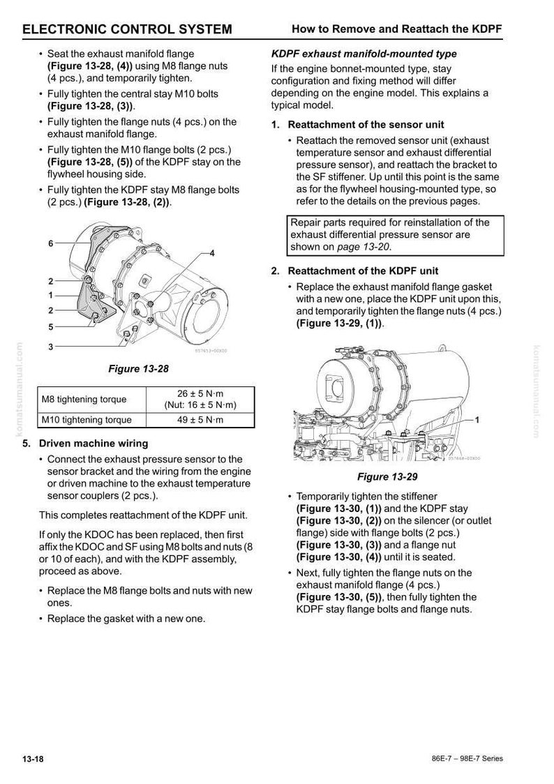 May include: Diagram of an electronic control system with instructions for removing and reattaching the KDPF. Includes diagrams of parts with labels and torque specifications. Text includes instructions for reattaching the sensor unit and KDPF unit.