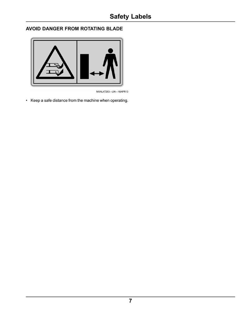 May include: A safety label with the text "AVOID DANGER FROM ROTATING BLADE." The label features a warning symbol of a rotating blade, a rectangle, and a person with arrows indicating a safe distance. The text "Keep a safe distance from the machine when operating."