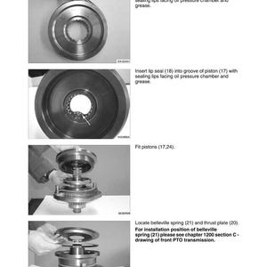 May include: Diagram illustrating the installation and removal of a front PTO clutch. The image includes detailed steps with text instructions and close-up views of the components, such as lip seals, pistons, and springs. The text includes the model numbers and repair information.