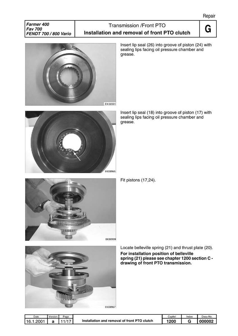 May include: Diagram illustrating the installation and removal of a front PTO clutch. The image includes detailed steps with text instructions and close-up views of the components, such as lip seals, pistons, and springs. The text includes the model numbers and repair information.