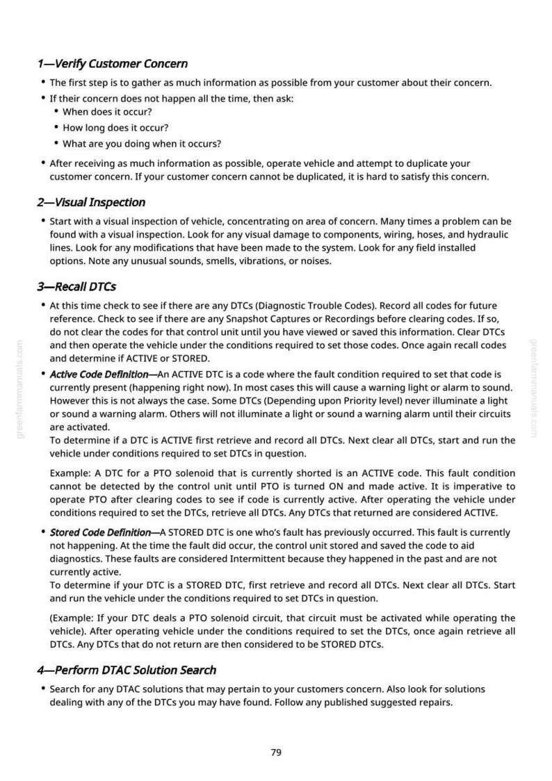 May include: A page from a manual with the title "1-Verify Customer Concern." The text describes steps for diagnosing vehicle issues, including visual inspection and checking diagnostic trouble codes (DTCs).