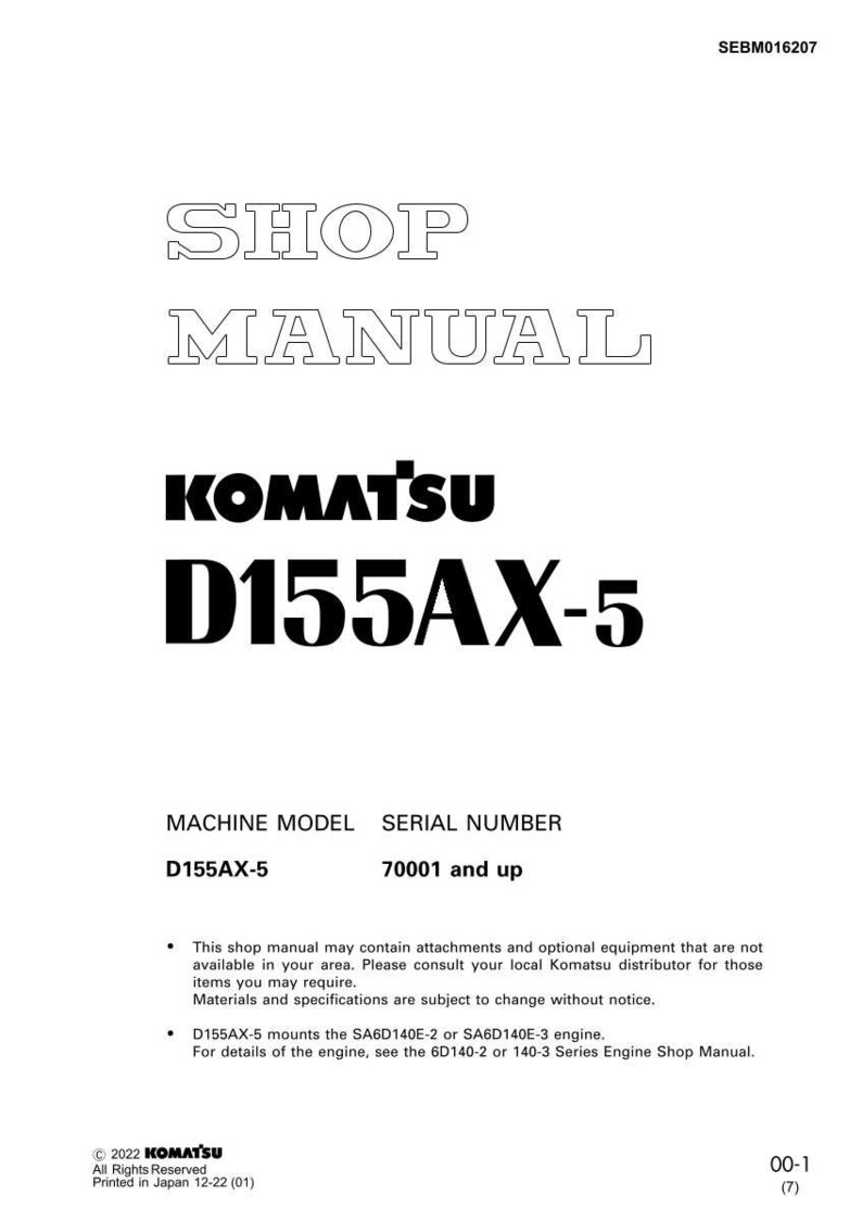 May include: A white shop manual with the text "SHOP MANUAL" at the top. Below is the Komatsu logo and "D155AX-5" in large, bold, black letters. The machine model is D155AX-5, and the serial number is 70001 and up.