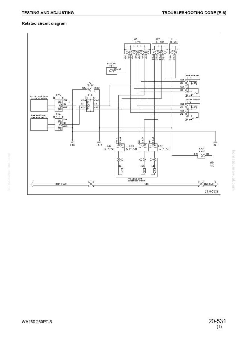 May include: A detailed circuit diagram with text including "TESTING AND ADJUSTING" and "TROUBLESHOOTING CODE [E-6]" is displayed. The diagram features lines, boxes, and labels, likely for electrical or mechanical systems.