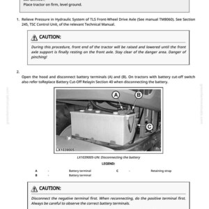Op de afbeelding: Pagina uit een technisch handboek getiteld "Verwijder de voorassteun". De afbeelding toont instructies voor het loskoppelen van een tractorbatterij, inclusief diagrammen en veiligheidswaarschuwingen. De handleiding bevat een foto van de batterij en de aansluitingen.