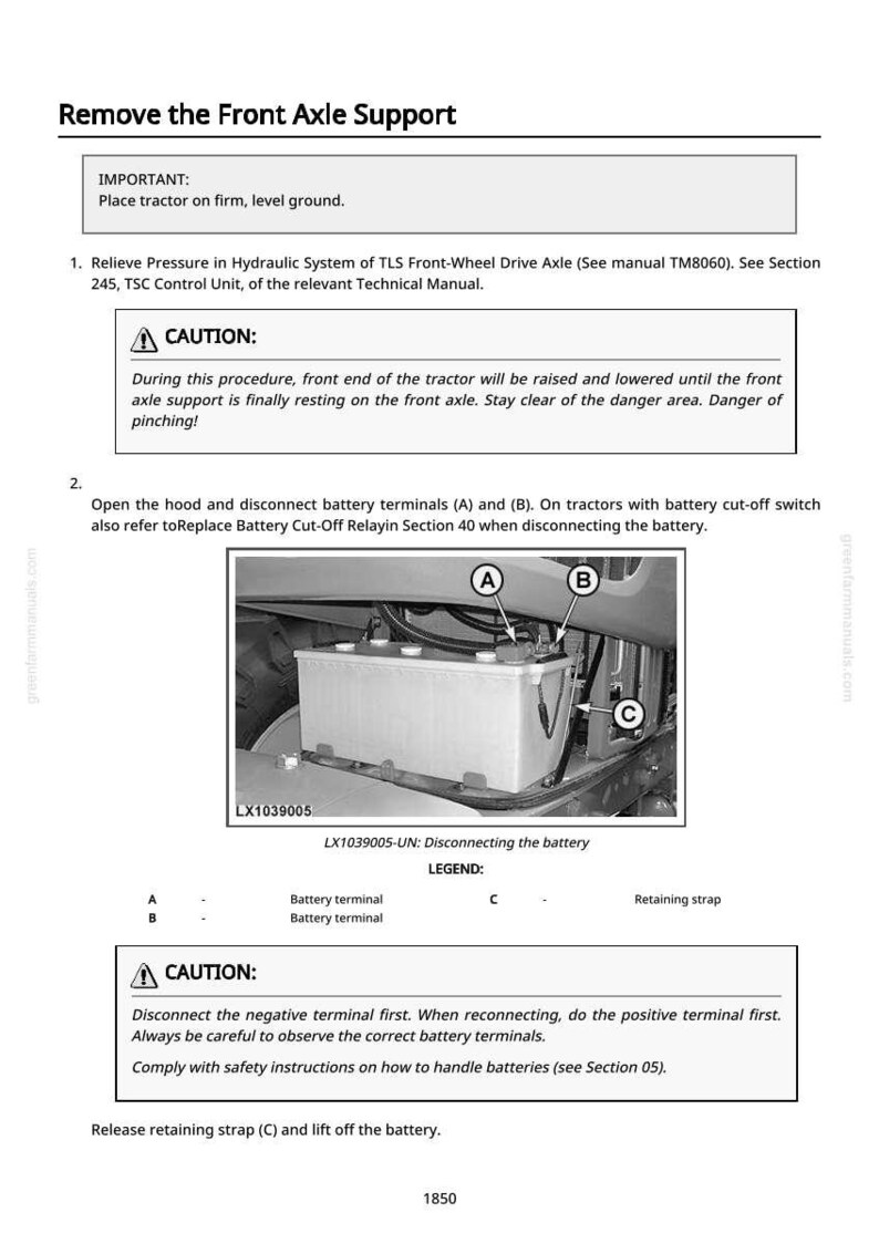 Op de afbeelding: Pagina uit een technisch handboek getiteld "Verwijder de voorassteun". De afbeelding toont instructies voor het loskoppelen van een tractorbatterij, inclusief diagrammen en veiligheidswaarschuwingen. De handleiding bevat een foto van de batterij en de aansluitingen.